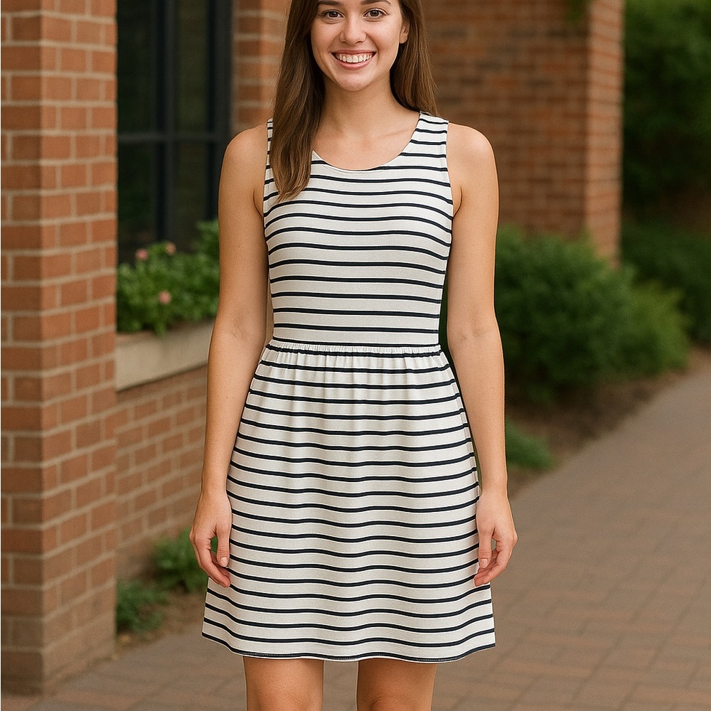 J.Crew Navy and White Striped Sleeveless Dress Size Small Petite